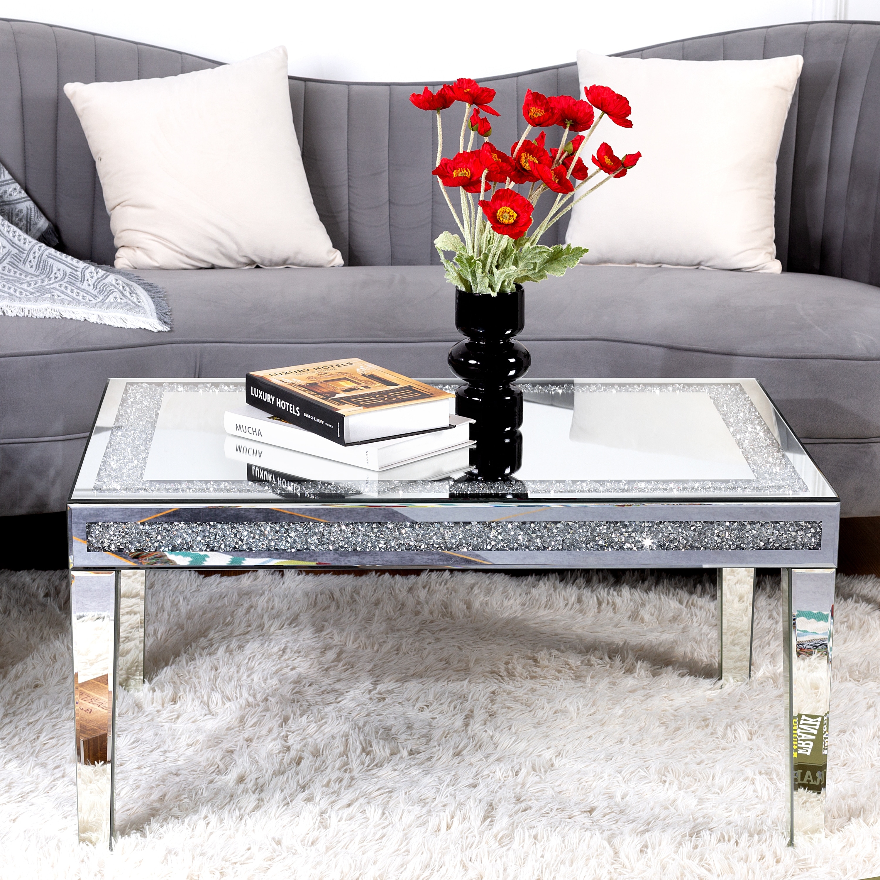 Mirrored Coffee Table with Diamond Inlay Rectangle Silver Accent Table