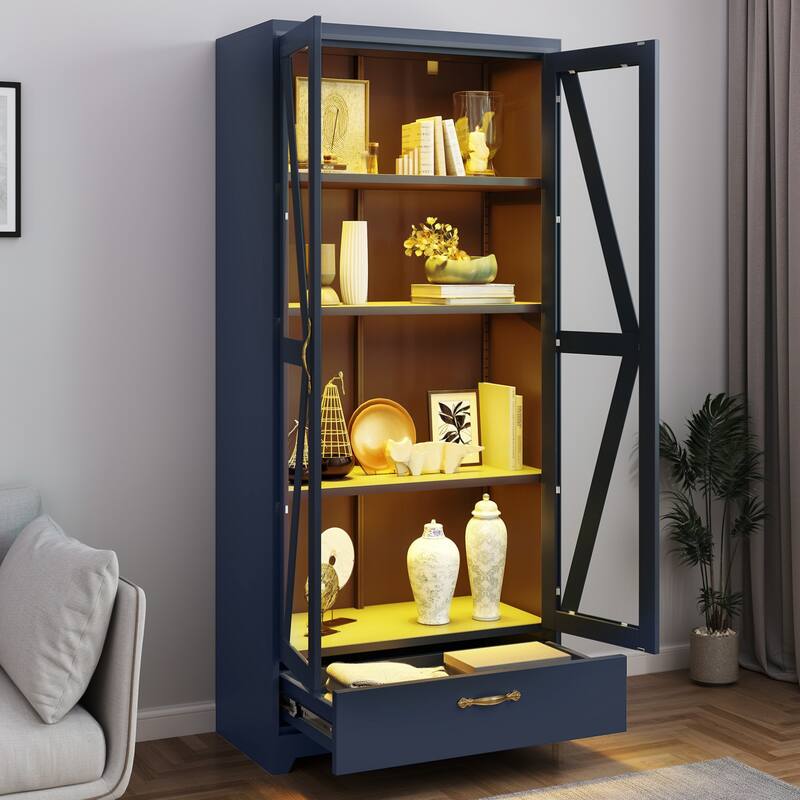 Moasis Metal Bookcase Display Cabinet with Adjustable Shelves & Drawer