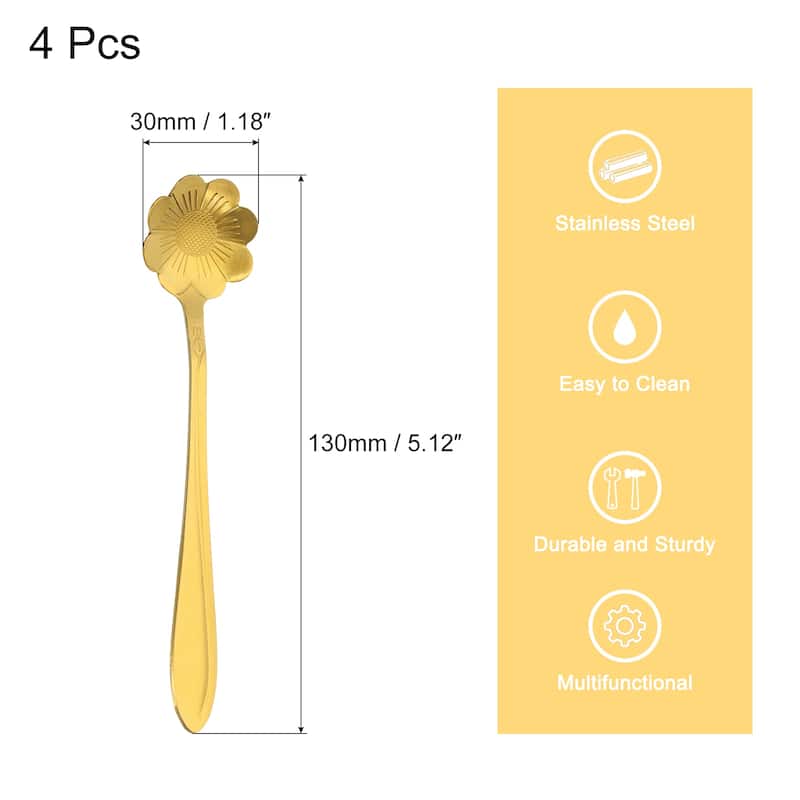 4Pcs 5" Stainless Steel Flower Spoons Coffee Spoons Small Teaspoon - Gold