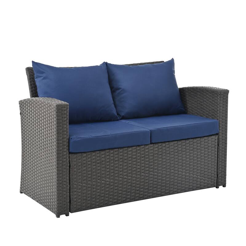 4 PCS Dark Grey Patio Furniture Set with PE Wicker Sofa, Loveseat Set, Chairs, and Tempered Glass Table