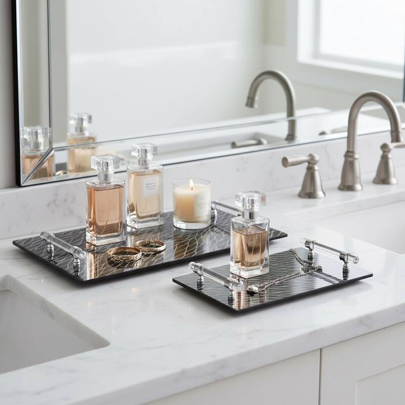 Decorative Pattern Glass Tray with Handles - Chic Home Decor - Accent Tray - 16" x 12" x 2" - Black