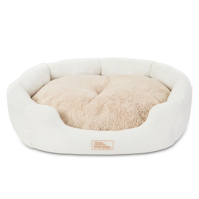 TOWN & COUNTRY EVERYDAY CuddleTown Faux Linen Comfy Cozy Cuddler Pet Bed - M: 27.56"x25.59"x7.48" - Cream
