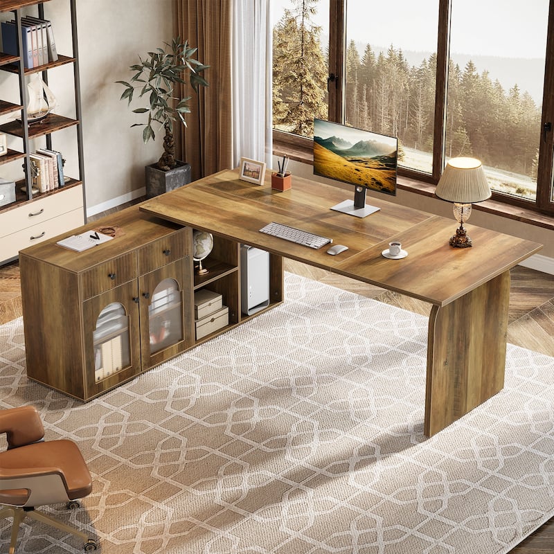 L Shaped Desk, 71-Inch Executive Office Desk with File Cabinet
