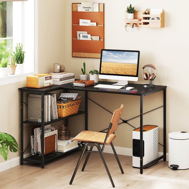 Costway L-Shaped Computer Desk with Power Outlets Adjustable shelf