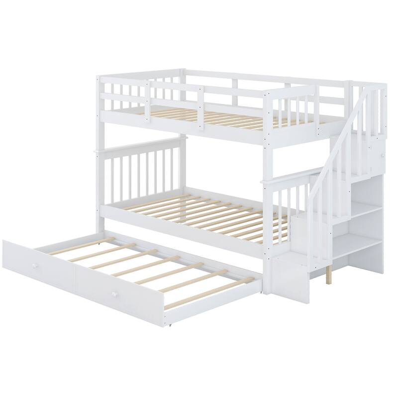 Twin Over Twin Bunk Bed with Trundle & Storage Stairway, Wood Bunk Bed