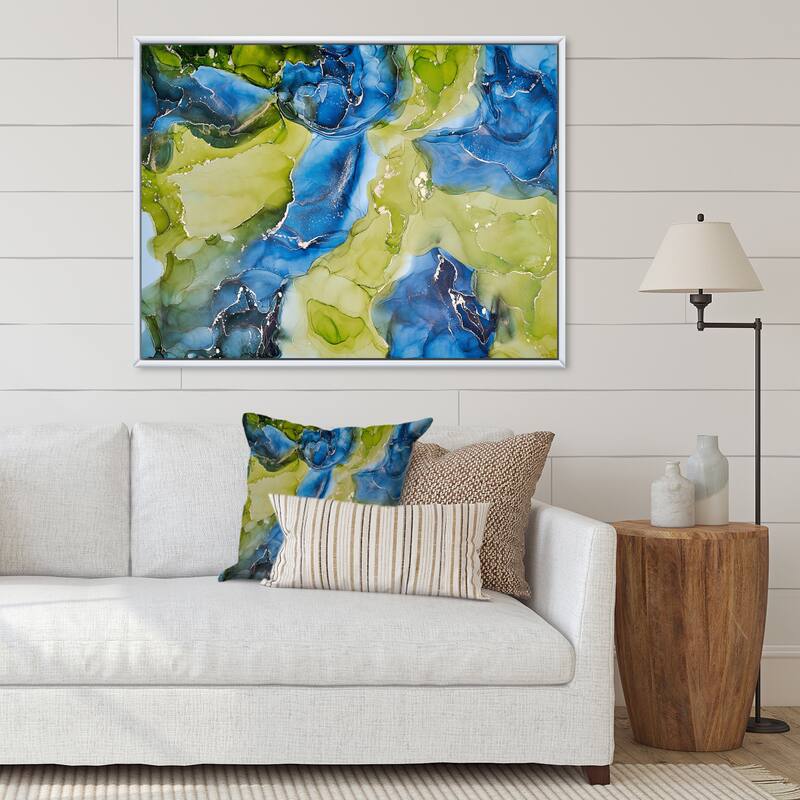 Designart "Blue And Green Luxury Abstract Fluid Art" Modern Framed
