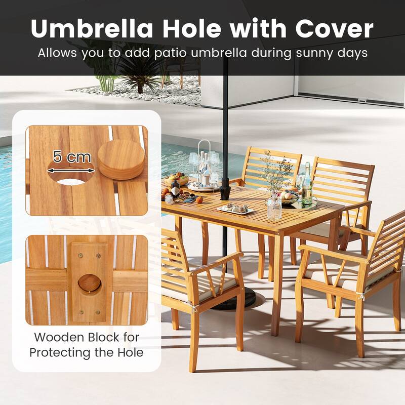 63 Inch Acacia Wood Outdoor Dining Table with Umbrella Hole for Patio Backyard Garden - 63" x 32" x 30"