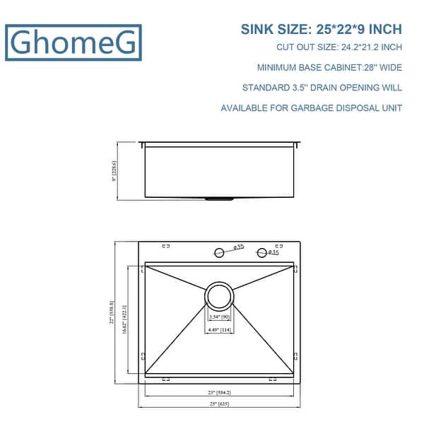 25x22 Kitchen Sink Drop In Topmount Ledge Workstation 18 Gauge