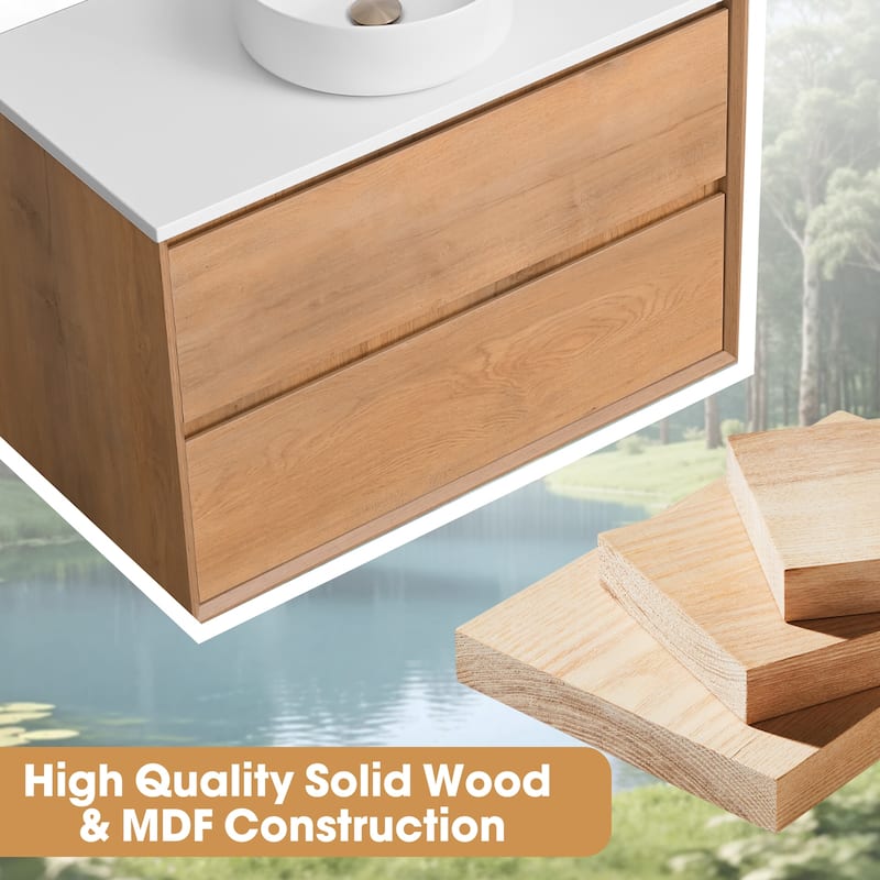 36"48"60"72"84" Floating Bathroom Vanity Quartz Counter Top with Round Ceramic Vessel Sink