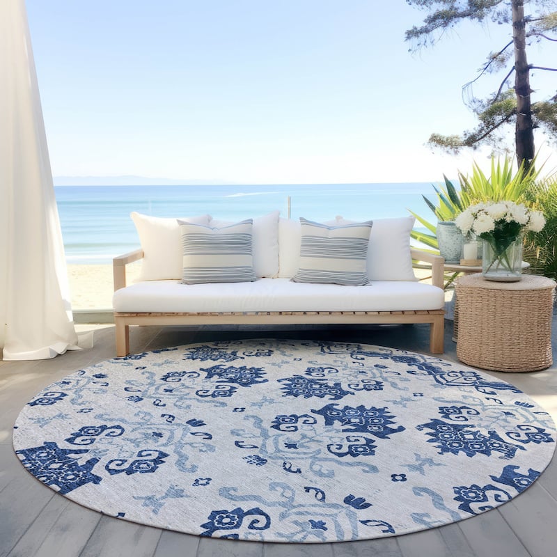 Machine Washable Indoor/ Outdoor Chantille Medallion Damask Rug - Navy - 8' x 8'