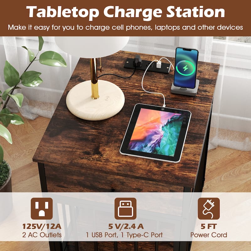 Gymax Versatile Dog Crate w/Charging Station Storage Drawer Lockable