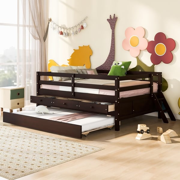 slide 2 of 9, Espresso Solid Pine Wood Low Loft Bed Full Size with Safety Fence and Trundle Espresso