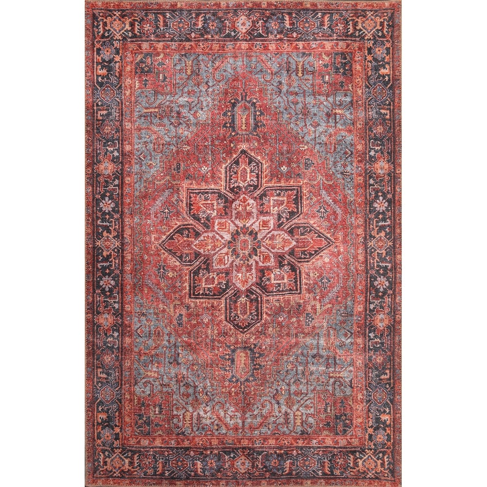 Domani Grove Machine Washable Distressed Oriental Red Medallion Area Rug