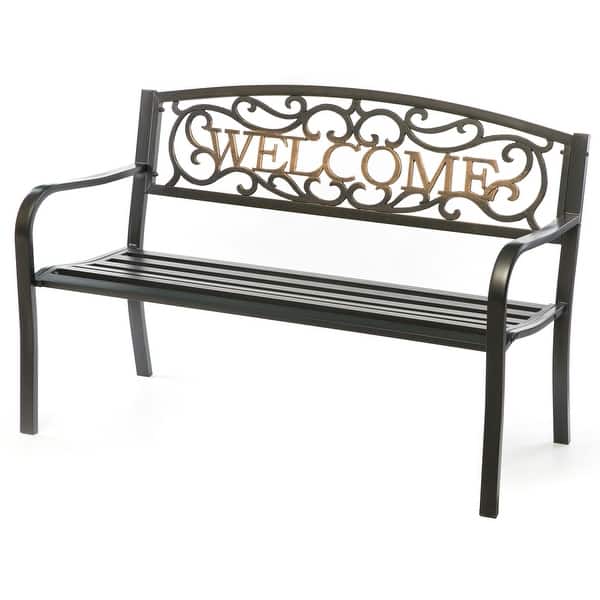 Shop Steel Outdoor Patio Garden Park Bench With Cast Iron Welcome Backrest On Sale Overstock 31440553