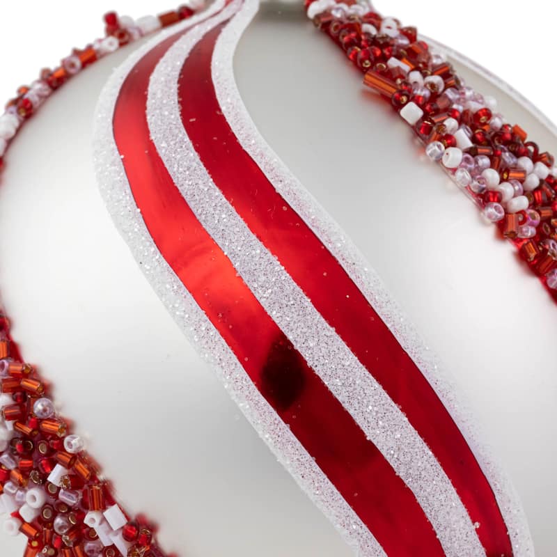 2 Silver Red Glitter Beads Striped Glass Christmas Ball Ornaments 4"