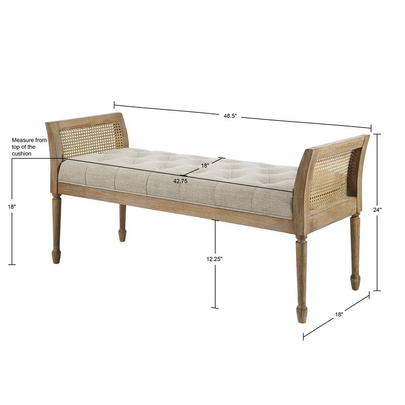 Roomfitters 48.5-Inch Transitional Upholstered Accent Bench, Cane Side Arms and Turned Legs in Reclaimed Natural - Natural