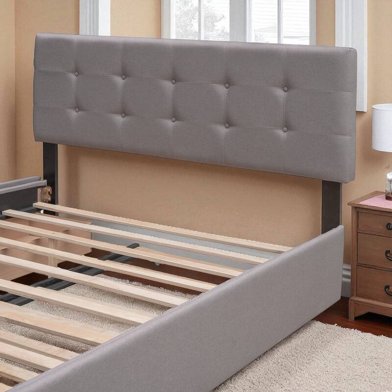 Queen Size Upholstered Platform Bed with Button-Tufted Headboard, 2 Storage Drawers and Twin XL Trundle, Linen Fabric
