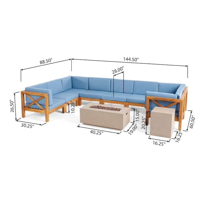 Brava Outdoor Acacia Wood 8 Seater U-Shaped Sectional Sofa Set with Fire Pit by Christopher Knight Home