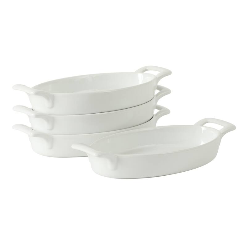 Gibson Home Gracious Dining Oval Au Gratin Baking Dishes, 4-Piece Set - 9oz or 15oz Oven Safe Ceramic with Handles - white