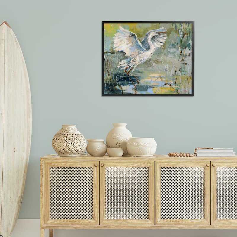 Stupell Radiant Crane at Pond Framed Giclee Art Design By Dusza