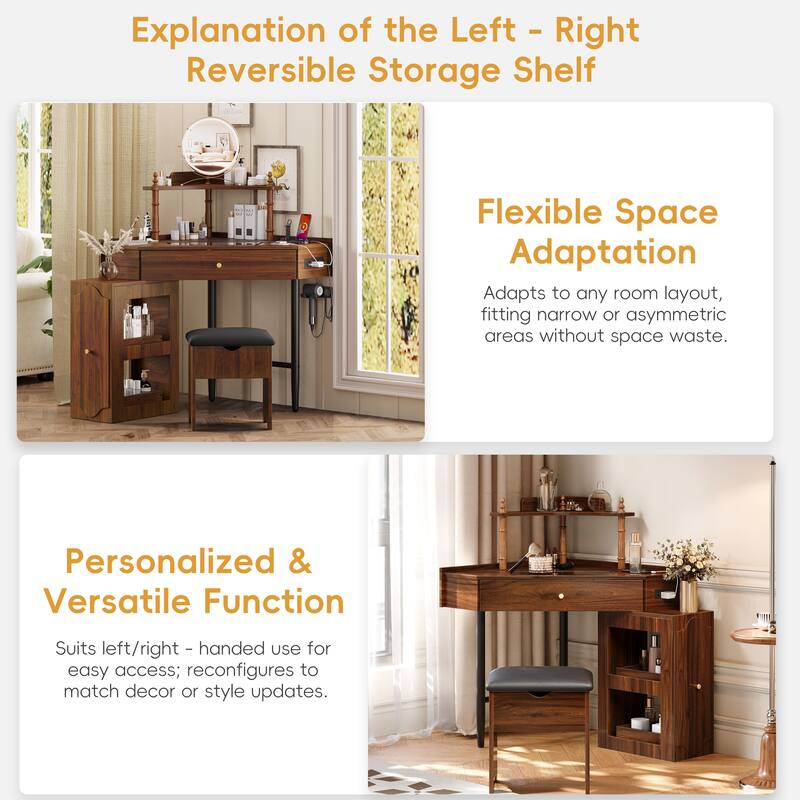Modern Corner Makeup Vanity Desk with Stool, Charging Ports, Glass Tabletop, Removable Side Cabinet, Drawer & Storage Shelves