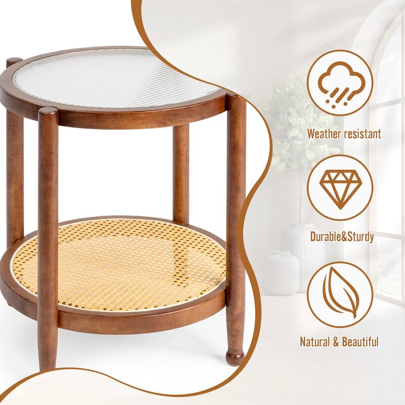 Rubberwood Coffee Table with Tempered Glass and Rattan - 19.7 x 19.7 x 23.2 in