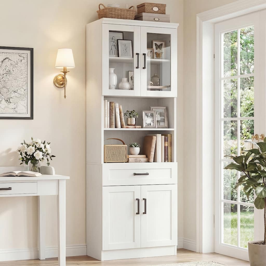 80" Tall Display Bookcase with Glass Doors and Drawer, Freestanding Bookshelf with Adjustable Shelves and Srorage Cabinet.