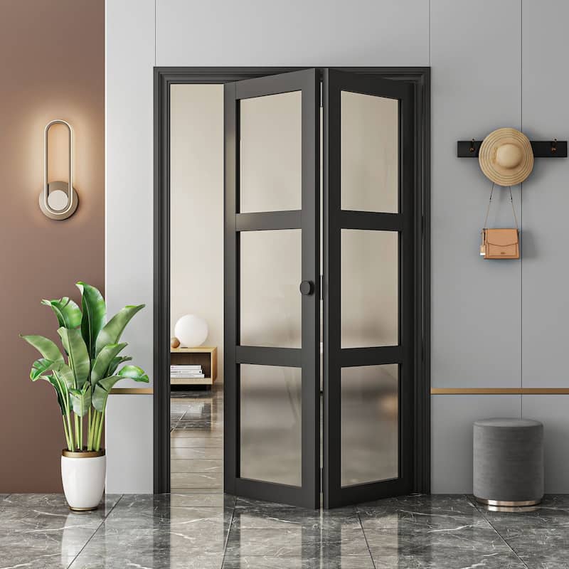 80 in.White Double 3-Lite Bi-Fold Doors Frosted Glass Solid Manufactured With Installation Hardware Kit