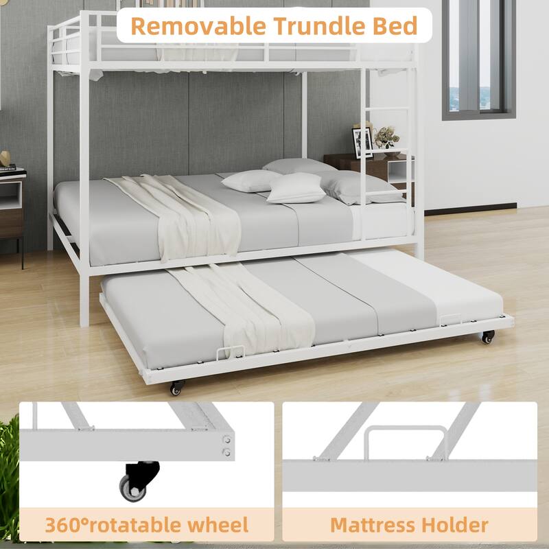 Queen Size Iron Bunk Bed with Safety Rails, Trundle, and Modern Minimalist Design