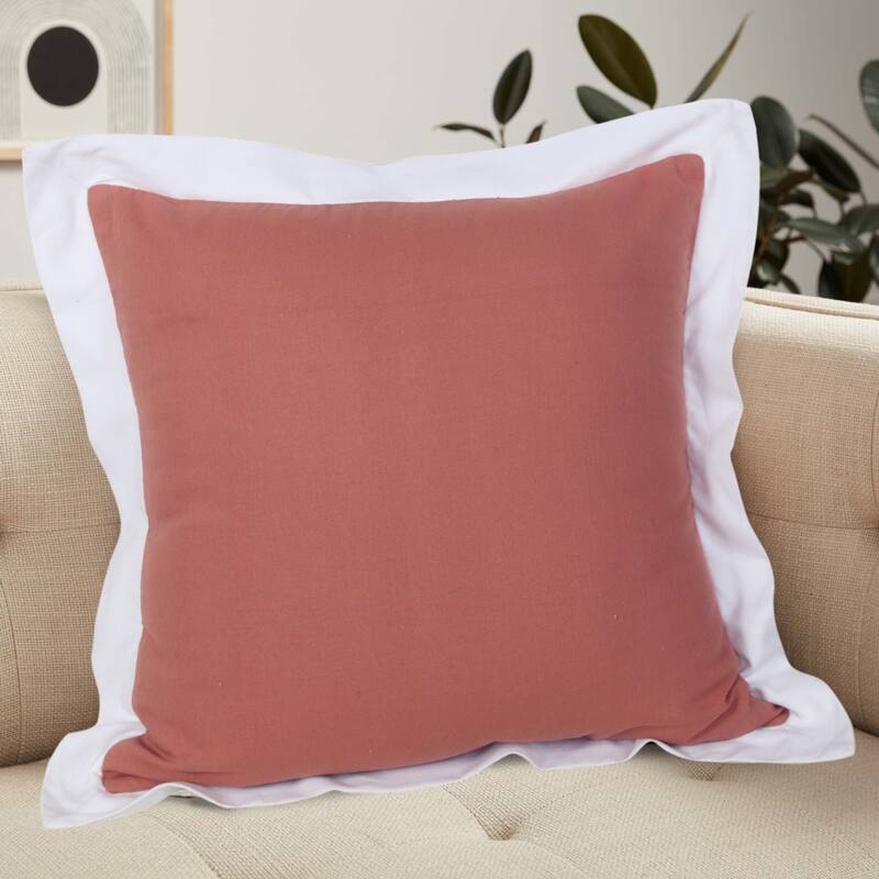 Handwoven Flanged Border Square Throw Pillow Cover - 20" - Coral Pink and White