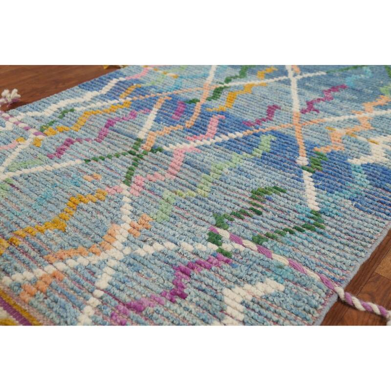 Blue Moroccan Oriental Runner Rug Hand-Knotted Wool Carpet - 2'11"x 16'5"