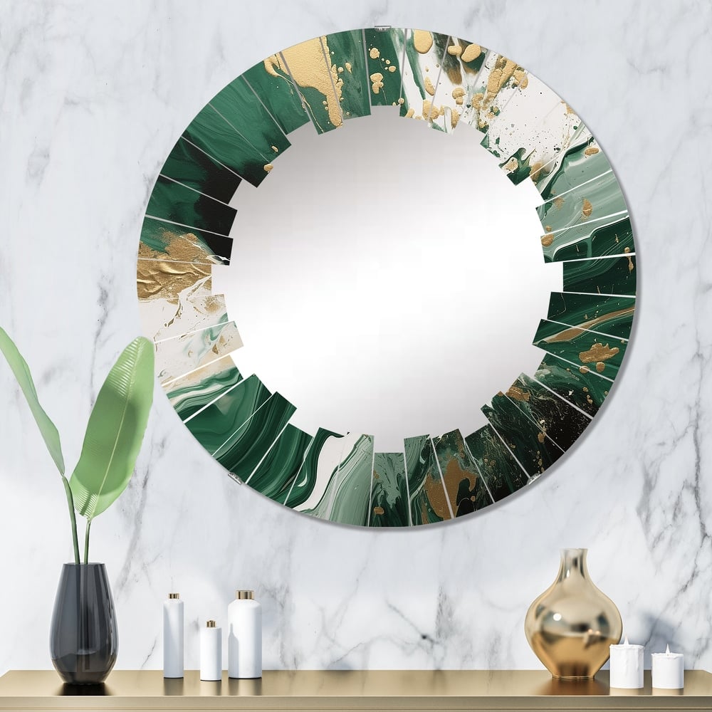 Designart "Green and Gold Liquid Magic I" Abstract Modern Wall Mirror