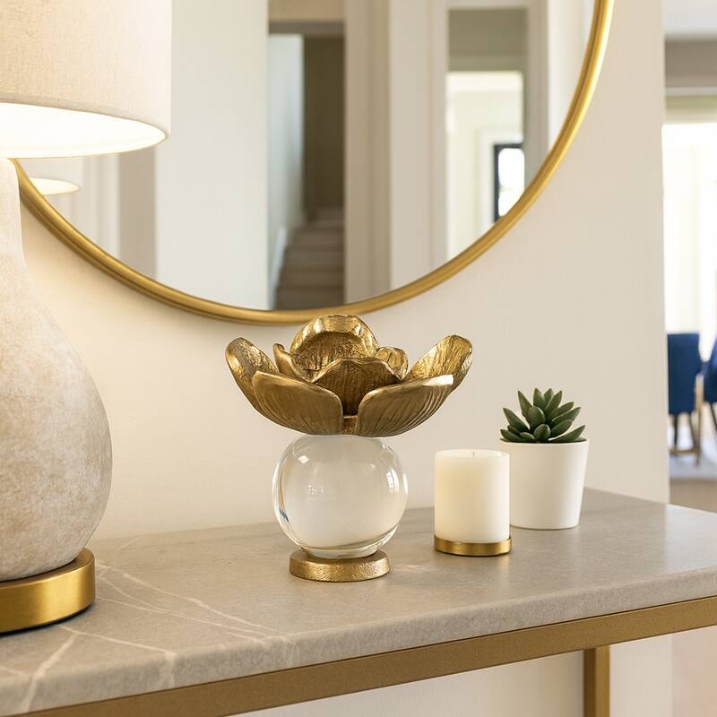 Metal Sculpture Flower Statue with Orb Base Decorative Style - 5" Gold - 5.5" x 5.5" x 5"