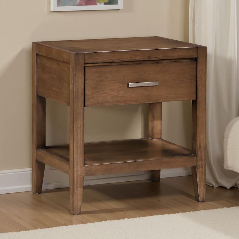 Evi Nightstand, 1 Drawer w Lower Open Shelf, Brushed Rich Brown Wood