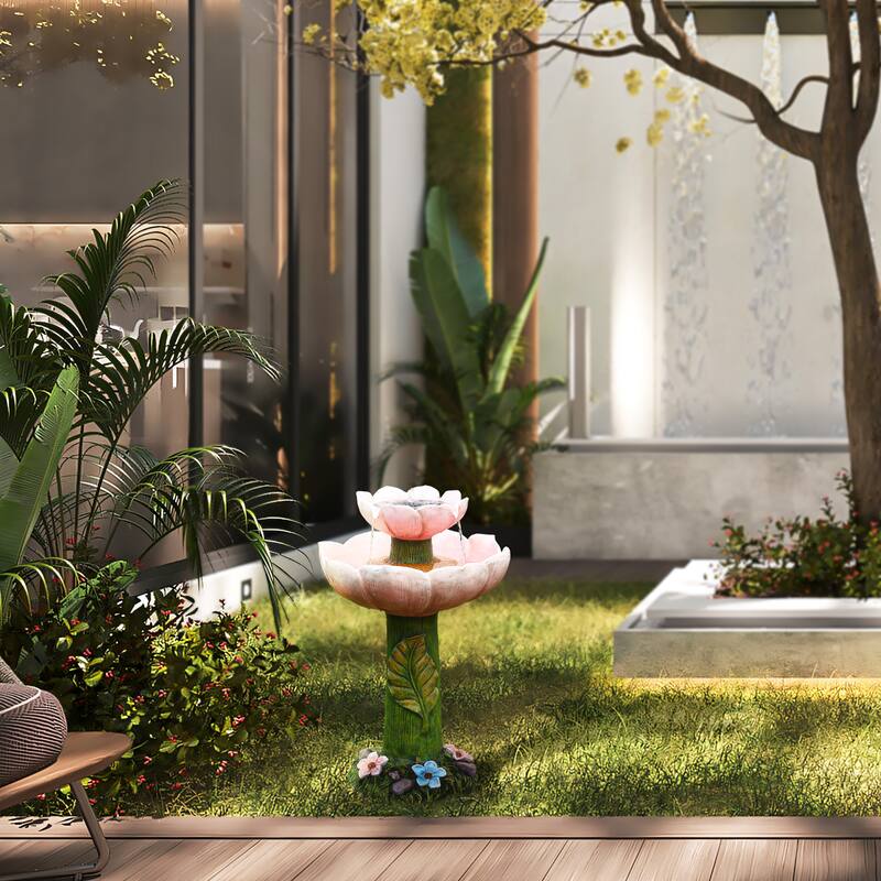 Solar Powered Pink Flower 2-Tier Resin Birdbath Fountain with Lights