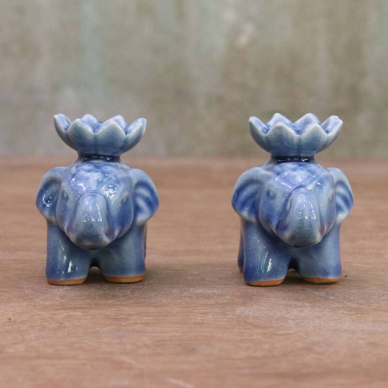 NOVICA Handmade Lotus Elephant In Blue Ceramic Incense Holders (Pair) Thailand - 2.2" H x 1.8" W x 3.1" D
