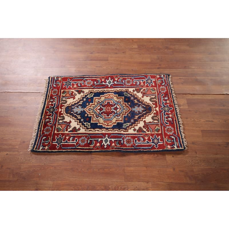 Blue Heriz Serapi Indian Accent Rug Hand-Knotted Wool Carpet - 2'0" x 3'0"