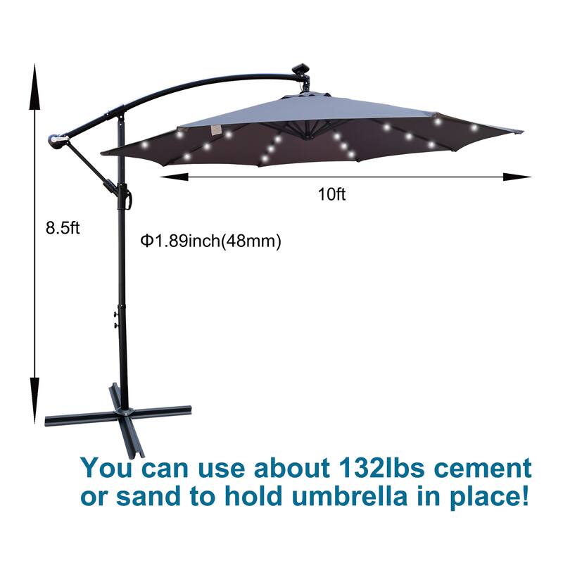Outdoor Patio Umbrella Solar Powered LED Lighted Sun Shade Market Waterproof 8 Ribs Umbrella with Crank and Cross Base