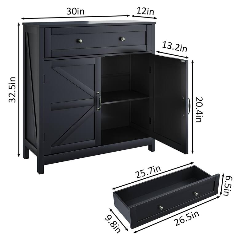 Anmytek Black Farmhouse Storage Cabinet with Drawer and Adjustable Shelf Barn Door Style for Bathroom and Kitchen