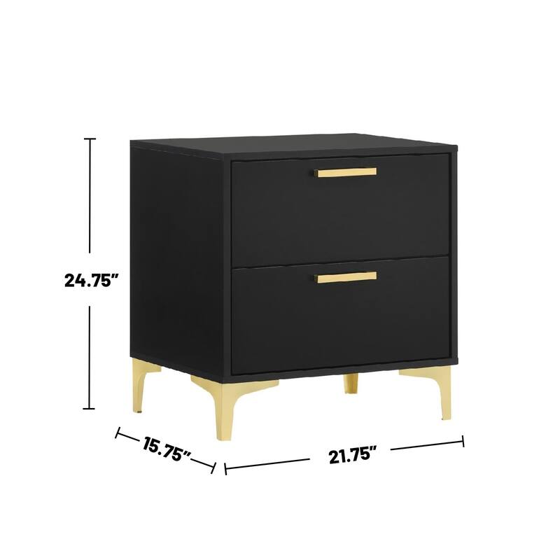 2 Drawers Wood Nightstand with Metal Legs in Black and Gold