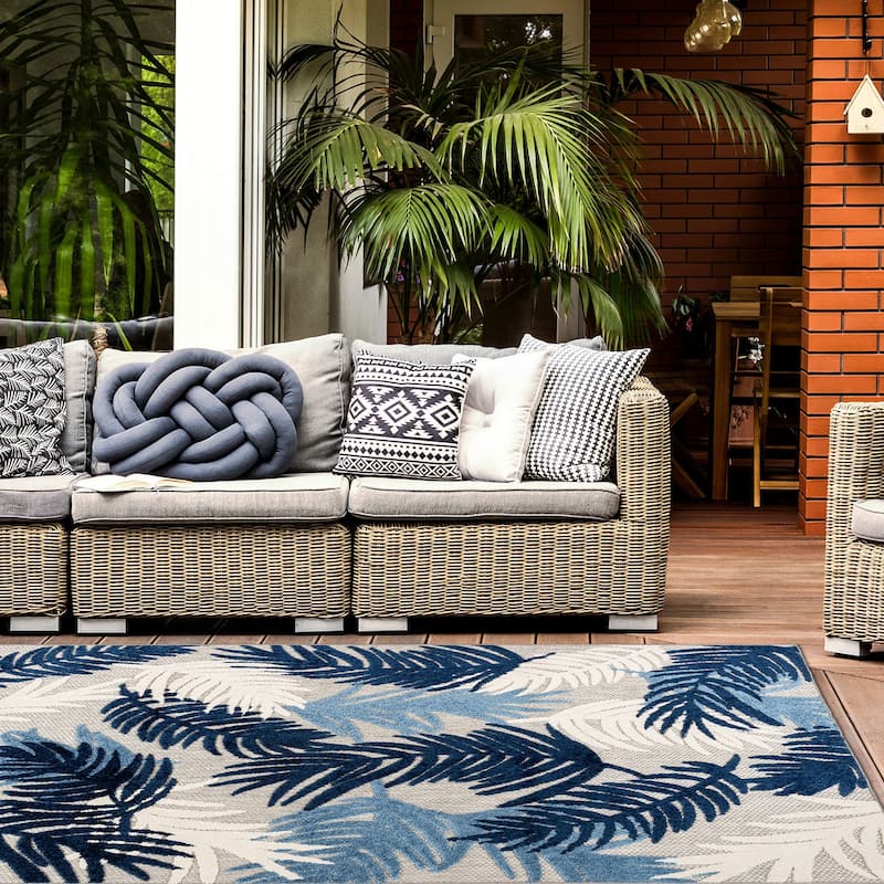 World Rug Gallery Tropical Floral Modern Indoor/Outdoor Area Rug - 12' X 15' - Navy