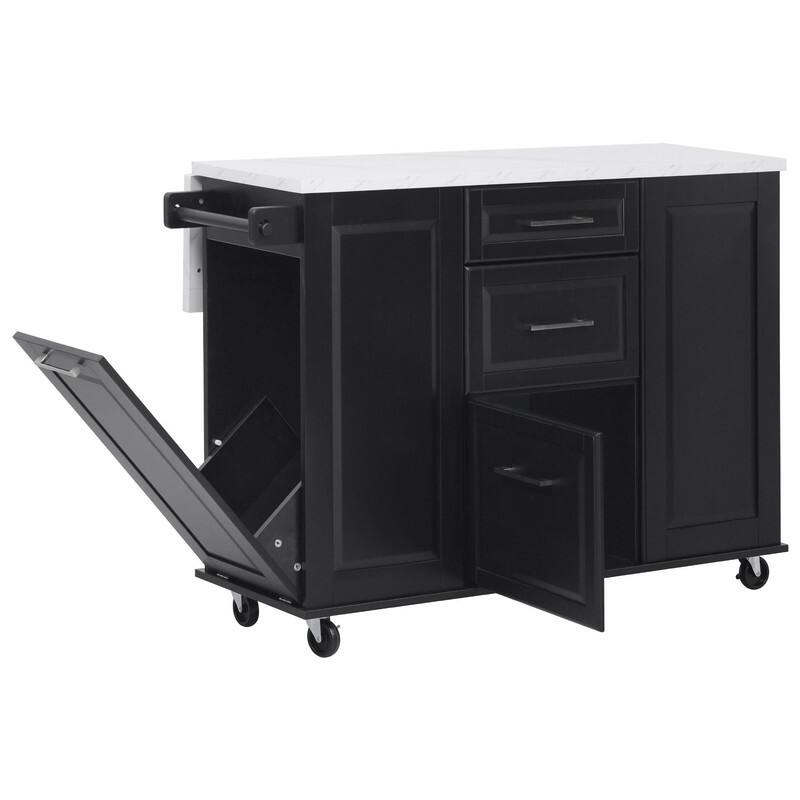 50.7" Kitchen Island with Storage and Concealed Trash Can, Rolling Kitchen Island on 5 Wheels with Drop Leaf, Drawers and Door
