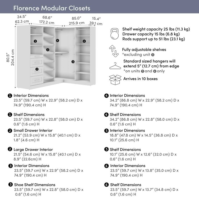 Bestar Florence 85W x 69D L Shaped Walk-In Closet System, Shaker