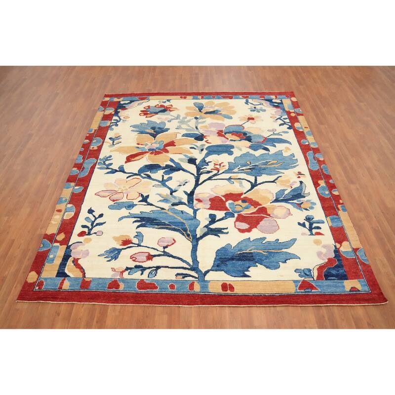 Hand Knotted Oriental 100% Wool Carpet Transitional Floral Beige & Ivories Oushak Area Rug - 9' 10'' X 8' 7''