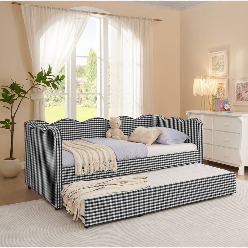 Linen Fabric Gingham Daybed with Trundle, Twin Size Sofa Bed with USB Port and Adorable Wave Shaped Headboard