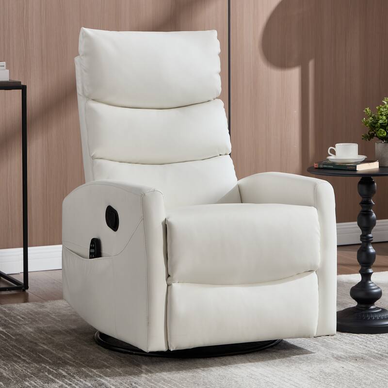 Roomfitters Manual Swivel Rocker Recliner Chair with Heat and Massage Fabric Glider Lounge Sofa for Living Room - White