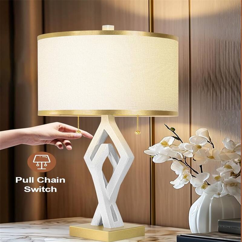 26” Modern Bedside Lamp with White Linen Gilt Shade