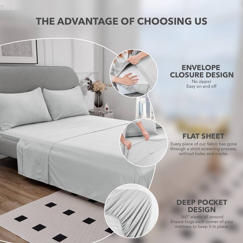 Deconovo 4-Piece Ultra-Soft Bed Sheet Set, 1800 Thread Count, Deep Pockets