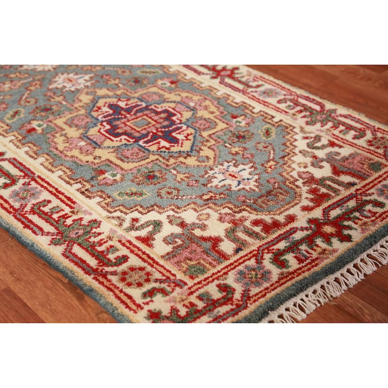 Hand Knotted Oriental 100% Wool Carpet Traditional Geometric Greys & Charcoal Heriz (serapi) Runner Rug - 8' 2'' X 2' 6''