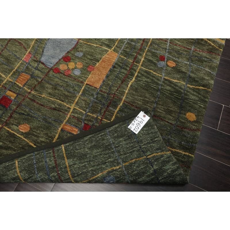 Tibetan Modern Plush Pile Designer 4'2''x5'10'' Hand Knotted Wool Green Rug - 4' 2'' x 5' 10''